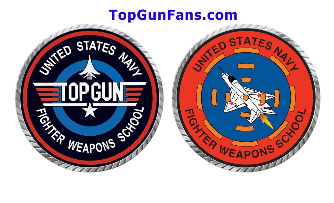 Top Gun Fans Challenge Coin on a small wooden easel display